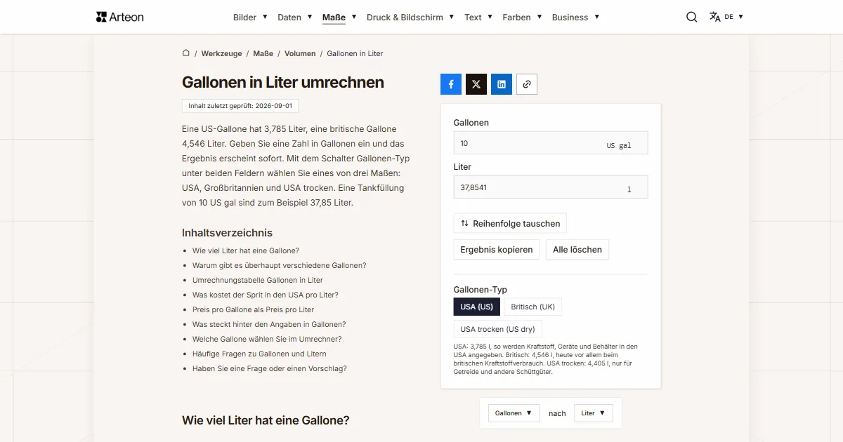 Screenshot des kostenlosen Arteon-Werkzeugs: Gallonen in Liter umrechnen