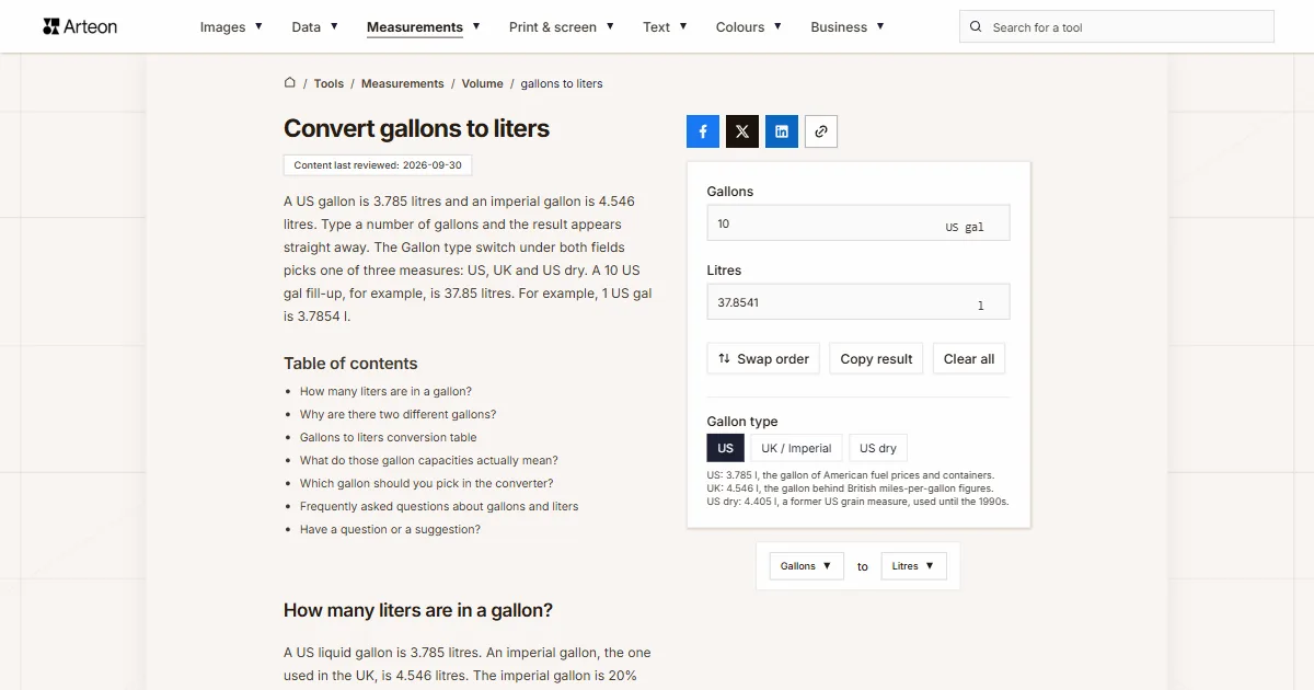 Arteon free tool screenshot: Convert gallons to liters