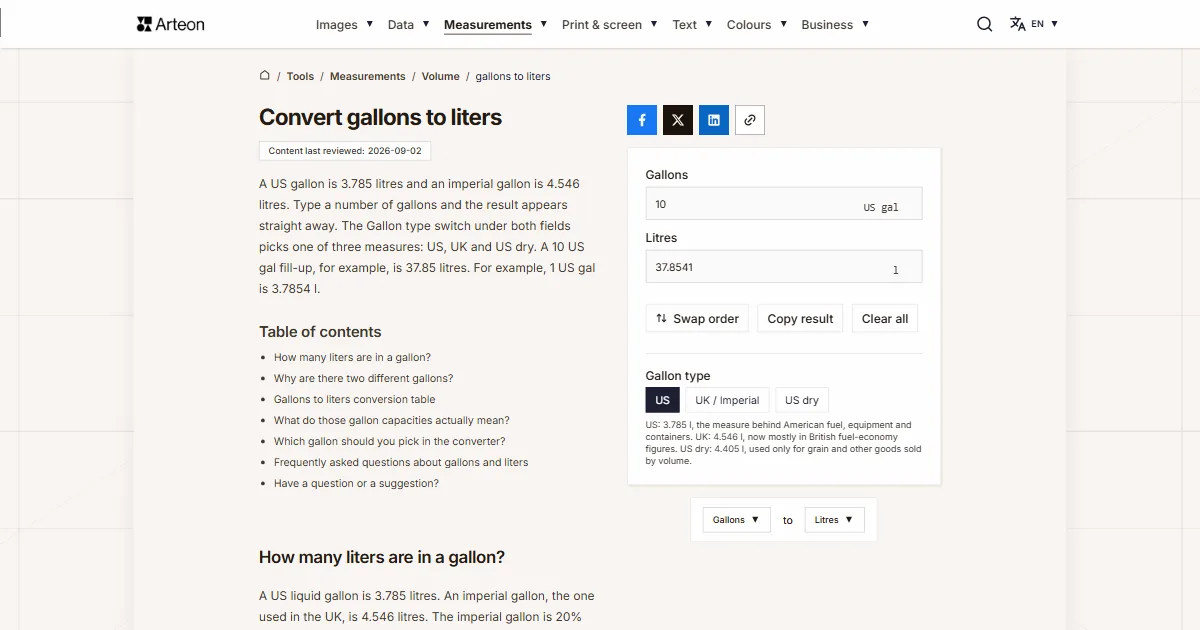Arteon free tool screenshot: Convert gallons to liters