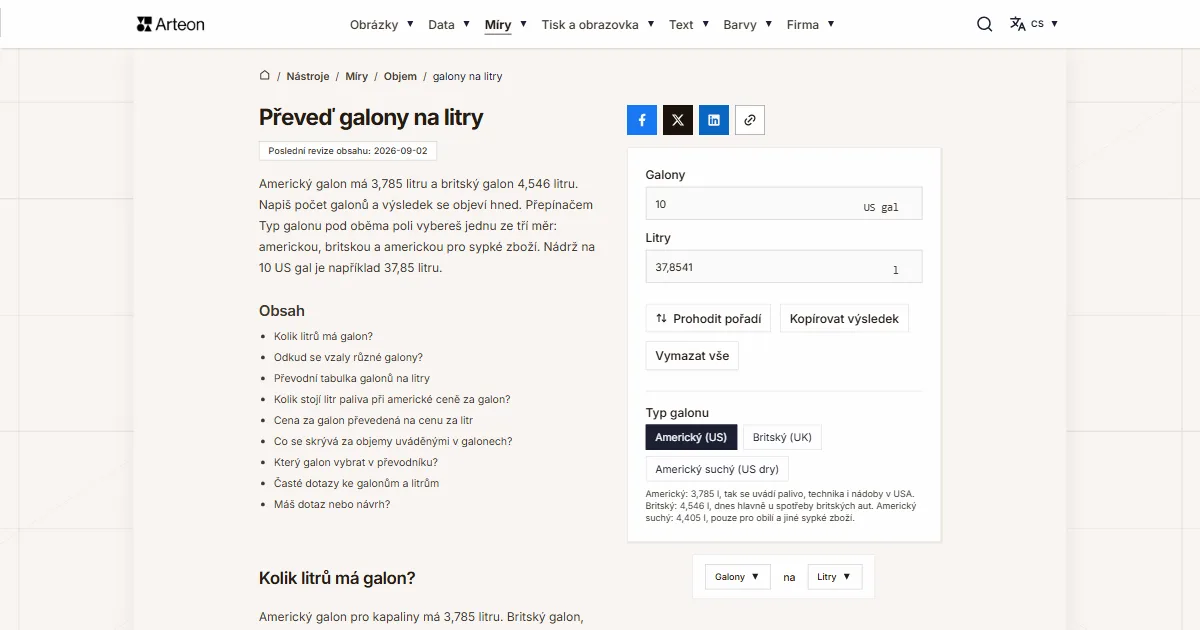 Snímek obrazovky bezplatného nástroje Arteon: Převeď galony na litry