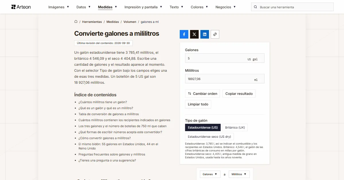 Captura de pantalla de la herramienta gratuita de Arteon: Convierte galones a mililitros