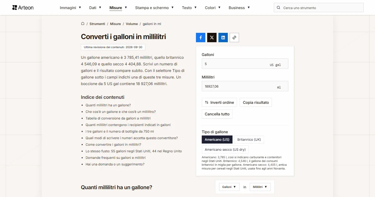Screenshot dello strumento gratuito Arteon: Converti i galloni in millilitri