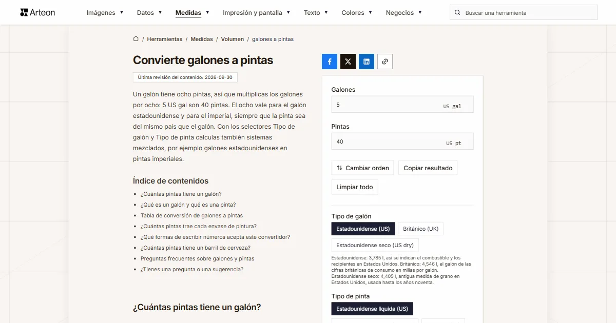 Captura de pantalla de la herramienta gratuita de Arteon: Convierte galones a pintas
