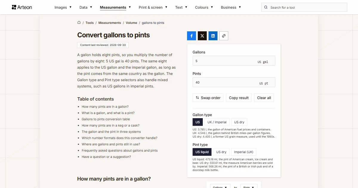 Arteon free tool screenshot: Convert gallons to pints