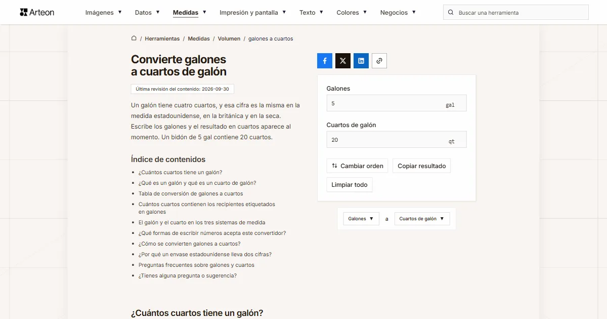 Captura de pantalla de la herramienta gratuita de Arteon: Convierte galones a cuartos de galón