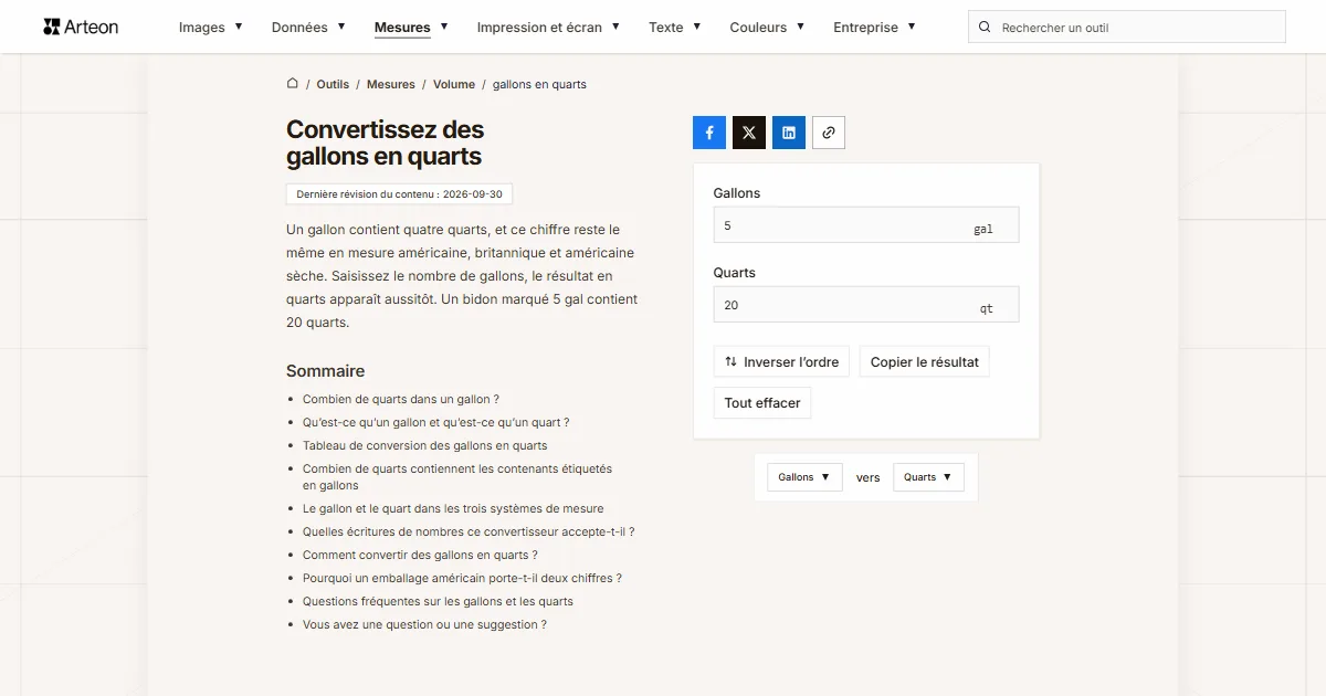 Capture d'écran de l'outil gratuit d'Arteon: Convertissez des gallons en quarts