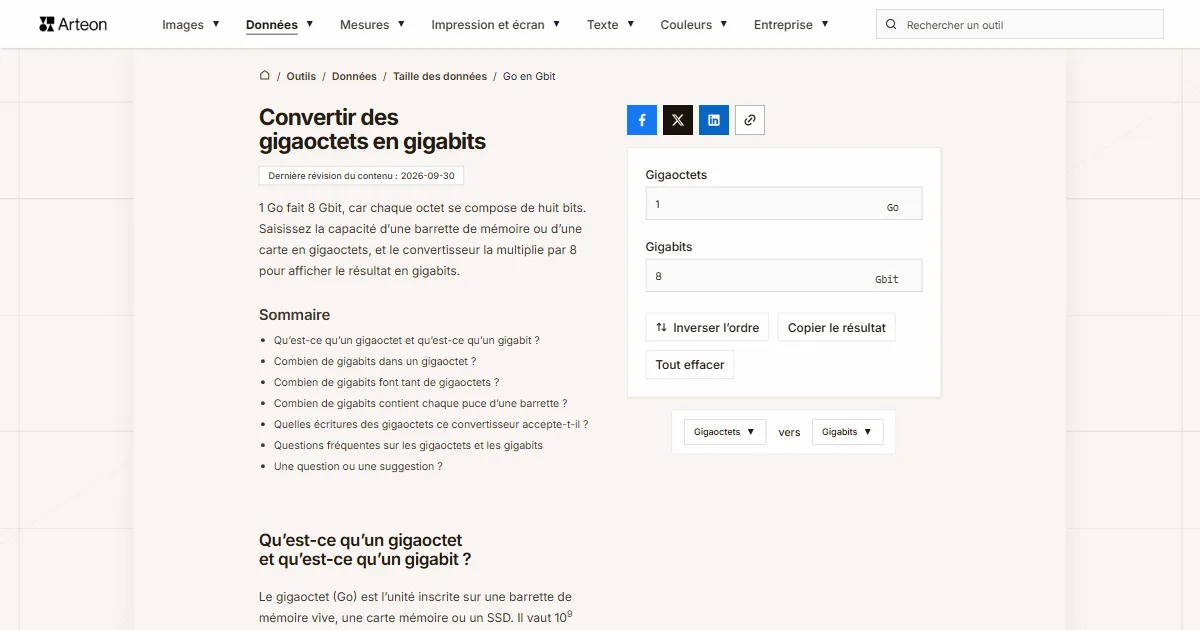 Capture d'écran de l'outil gratuit d'Arteon: Convertir des gigaoctets en gigabits