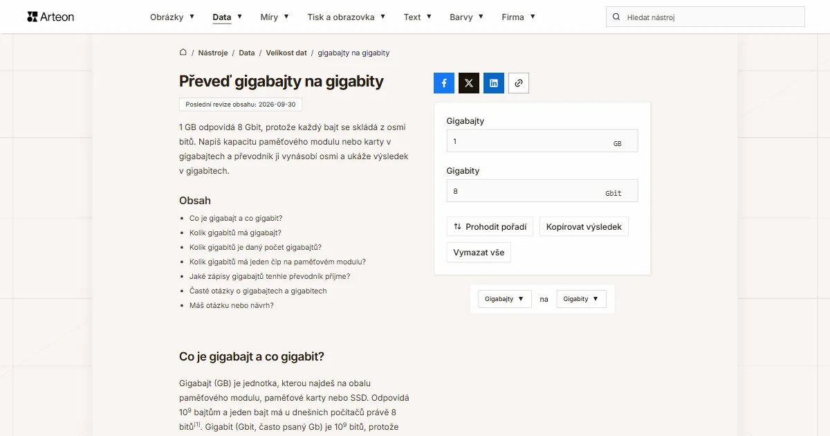 Snímek obrazovky bezplatného nástroje Arteon: Převeď gigabajty na gigabity