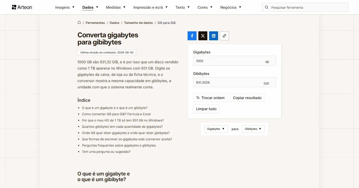 Captura de ecrã da ferramenta gratuita da Arteon: Converta gigabytes para gibibytes