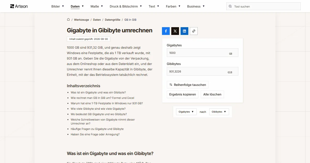 Screenshot des kostenlosen Arteon-Werkzeugs: Gigabyte in Gibibyte umrechnen