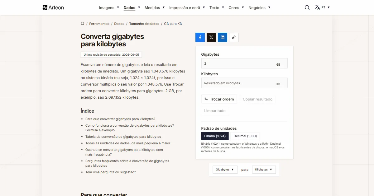 Captura de ecrã da ferramenta gratuita da Arteon: Converta gigabytes para kilobytes