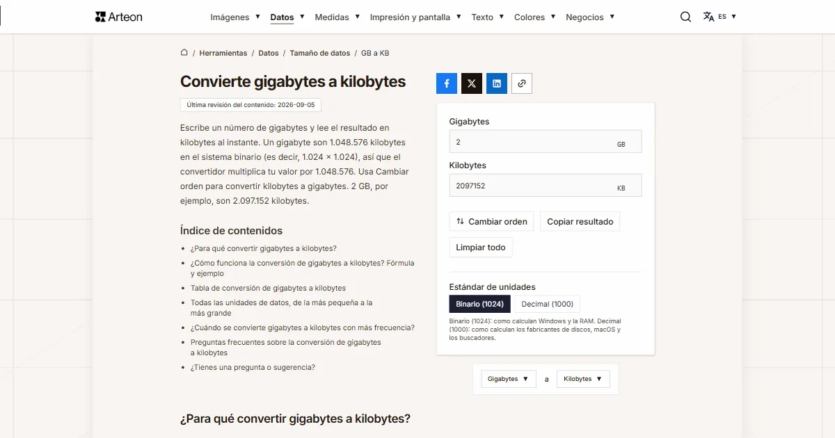 Captura de pantalla de la herramienta gratuita de Arteon: Convierte gigabytes a kilobytes