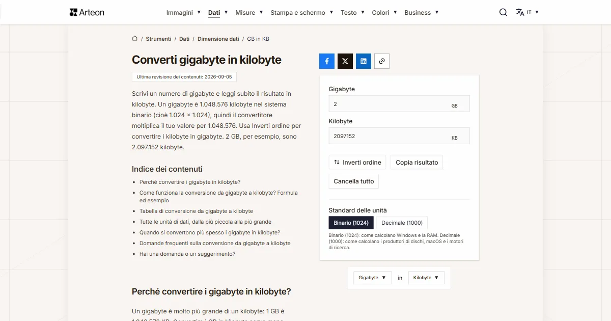 Screenshot dello strumento gratuito Arteon: Converti gigabyte in kilobyte
