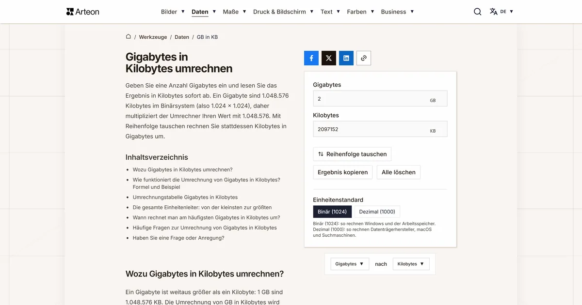 Screenshot des kostenlosen Arteon-Werkzeugs: Gigabytes in Kilobytes umrechnen