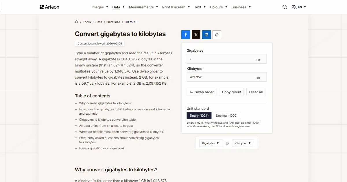 Arteon free tool screenshot: Convert gigabytes to kilobytes