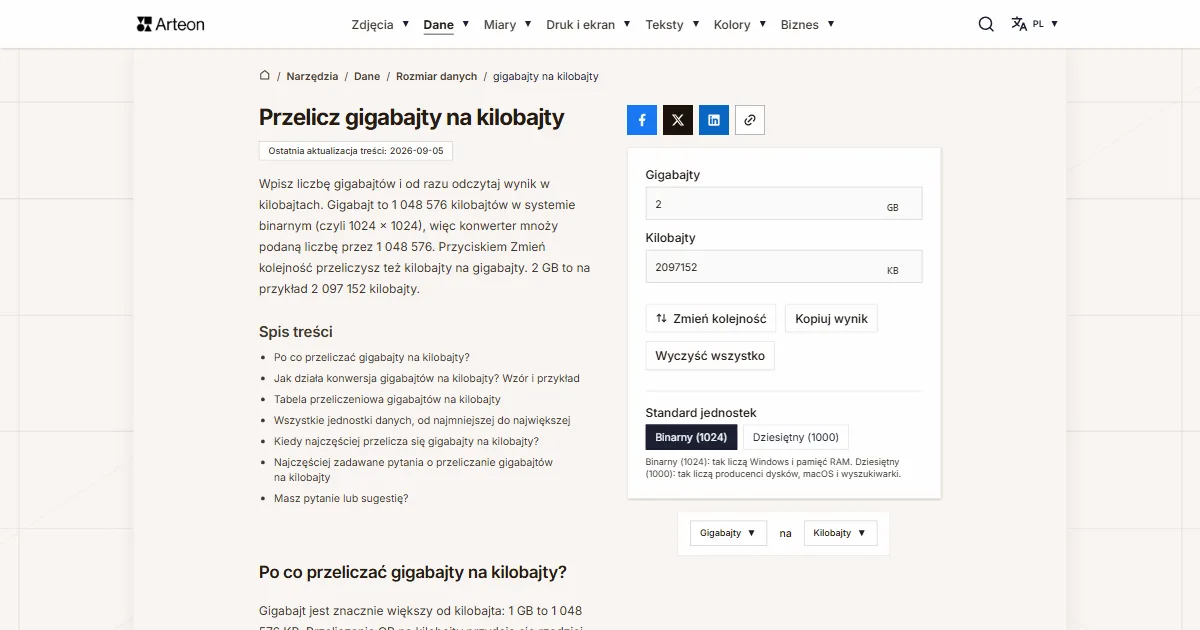 Zrzut ekranu darmowego narzędzia Arteon: Przelicz gigabajty na kilobajty