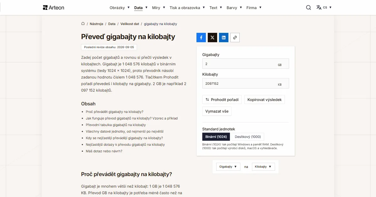 Snímek obrazovky bezplatného nástroje Arteon: Převeď gigabajty na kilobajty