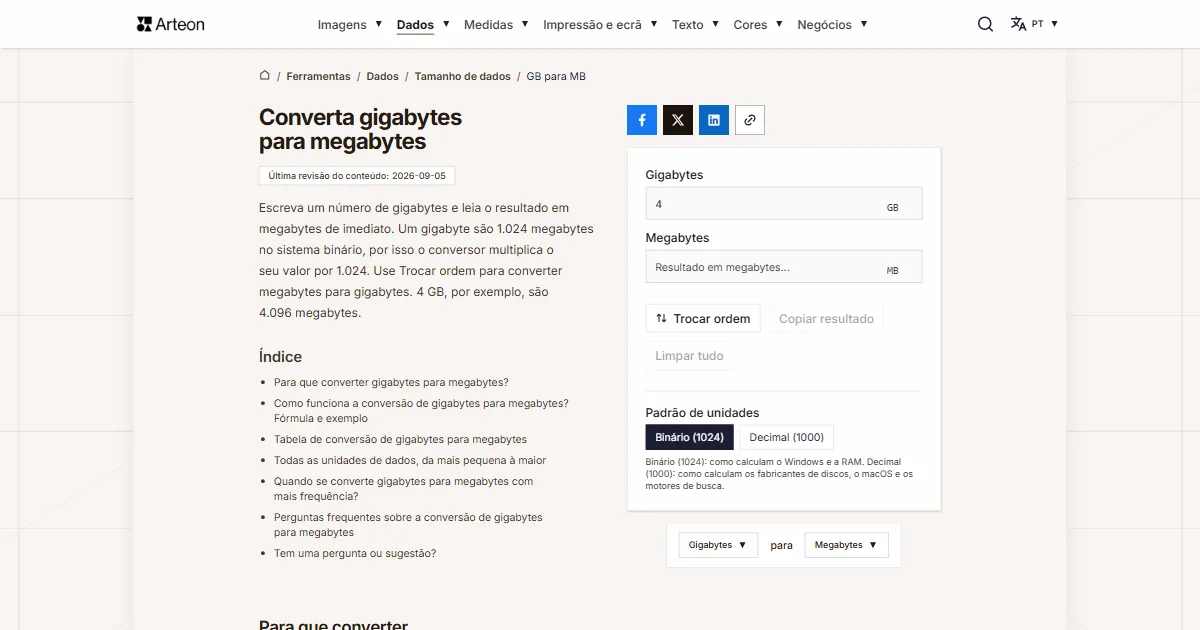 Captura de ecrã da ferramenta gratuita da Arteon: Converta gigabytes para megabytes