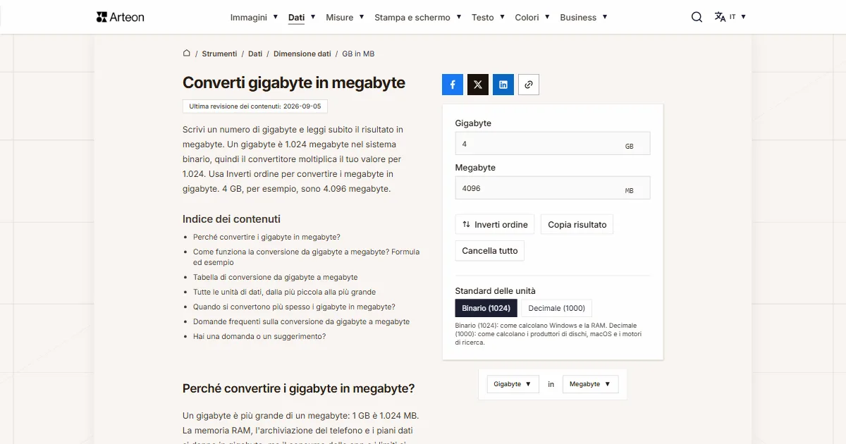 Screenshot dello strumento gratuito Arteon: Converti gigabyte in megabyte