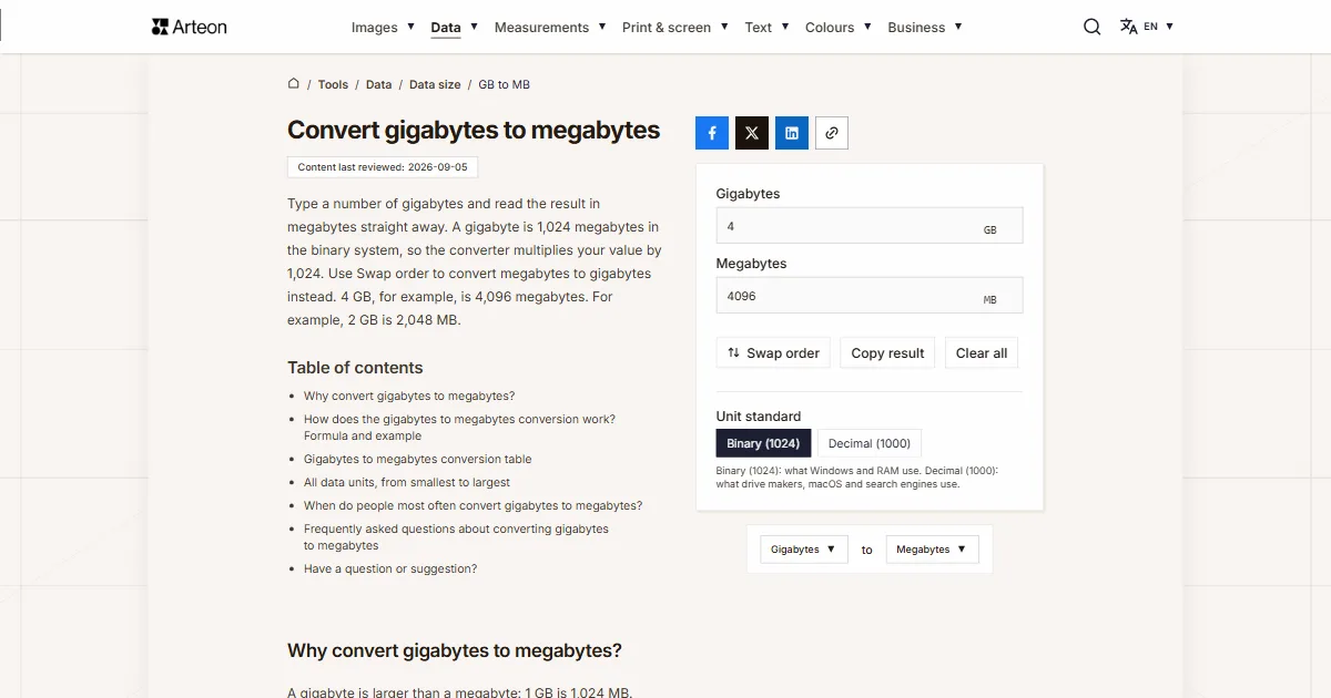Arteon free tool screenshot: Convert gigabytes to megabytes
