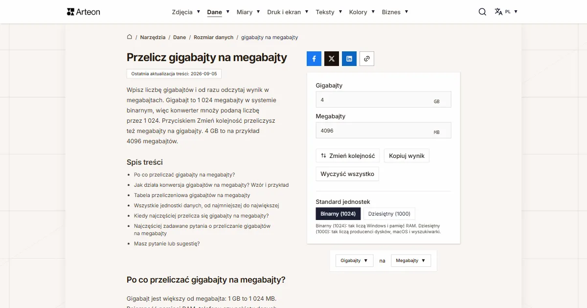 Zrzut ekranu darmowego narzędzia Arteon: Przelicz gigabajty na megabajty