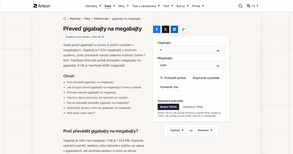 Snímek obrazovky bezplatného nástroje Arteon: Převeď gigabajty na megabajty