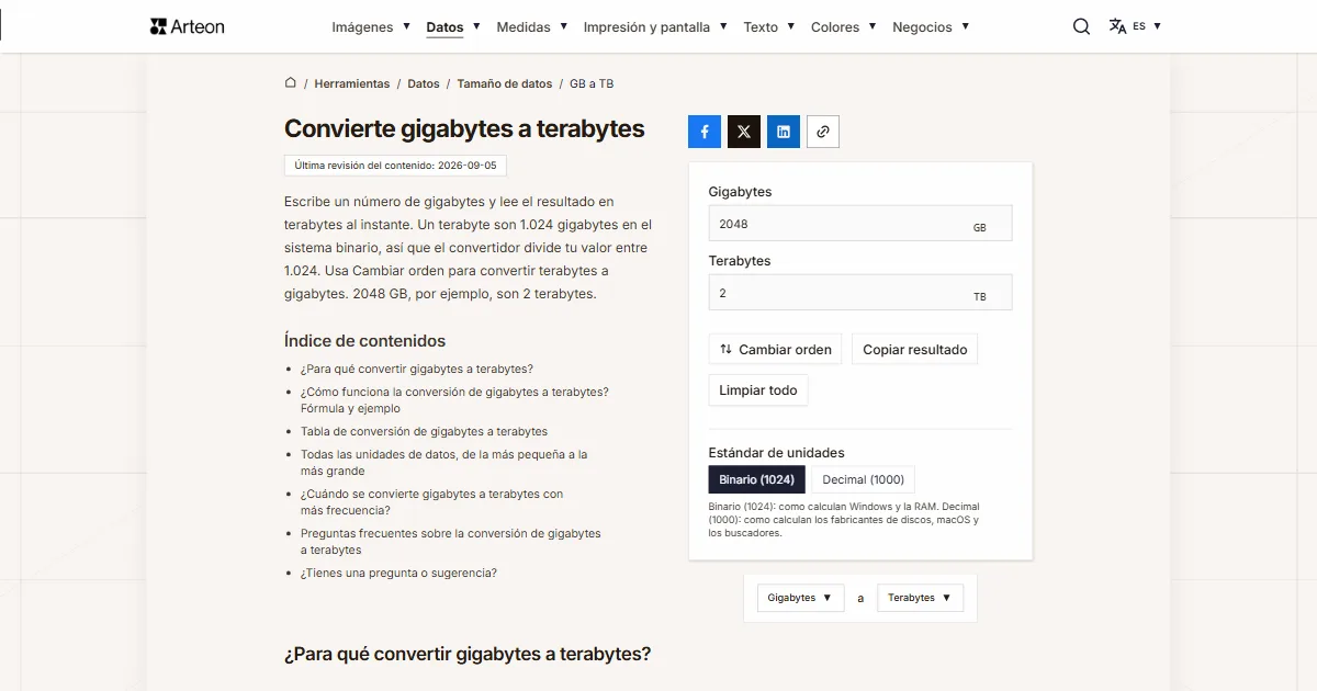 Captura de pantalla de la herramienta gratuita de Arteon: Convierte gigabytes a terabytes