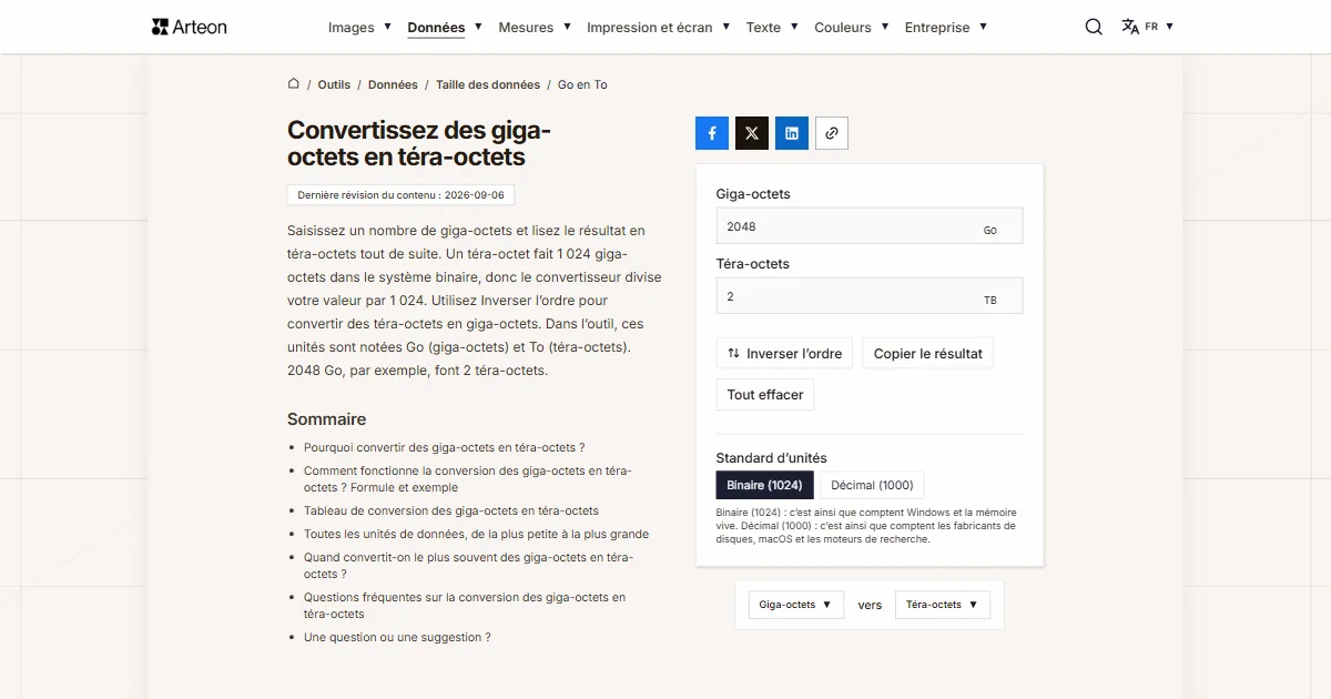 Capture d'écran de l'outil gratuit d'Arteon: Convertissez des giga-octets en téra-octets