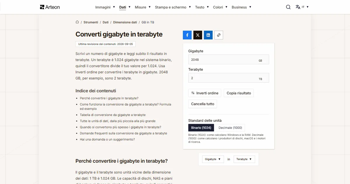 Screenshot dello strumento gratuito Arteon: Converti gigabyte in terabyte