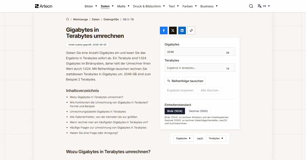 Screenshot des kostenlosen Arteon-Werkzeugs: Gigabytes in Terabytes umrechnen