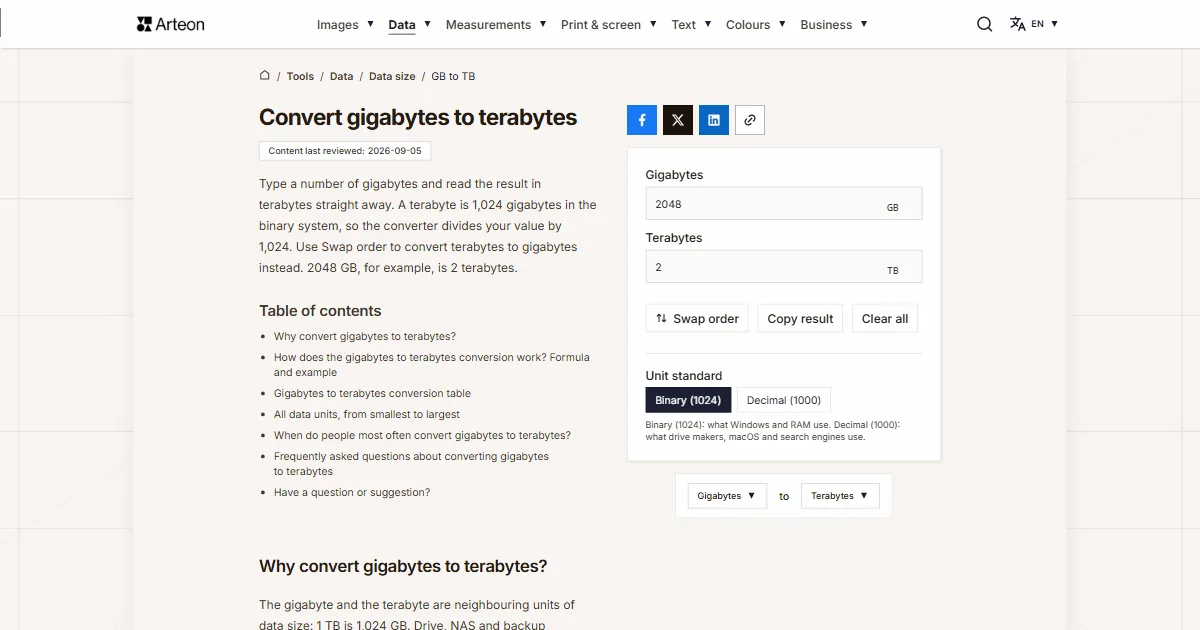 Arteon free tool screenshot: Convert gigabytes to terabytes