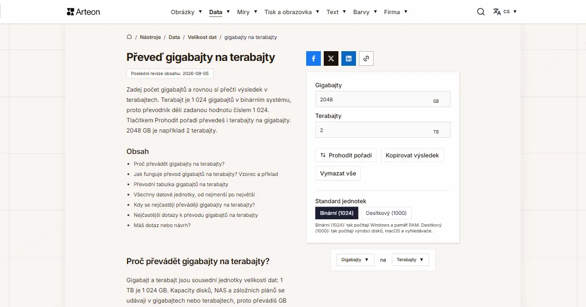 Snímek obrazovky bezplatného nástroje Arteon: Převeď gigabajty na terabajty
