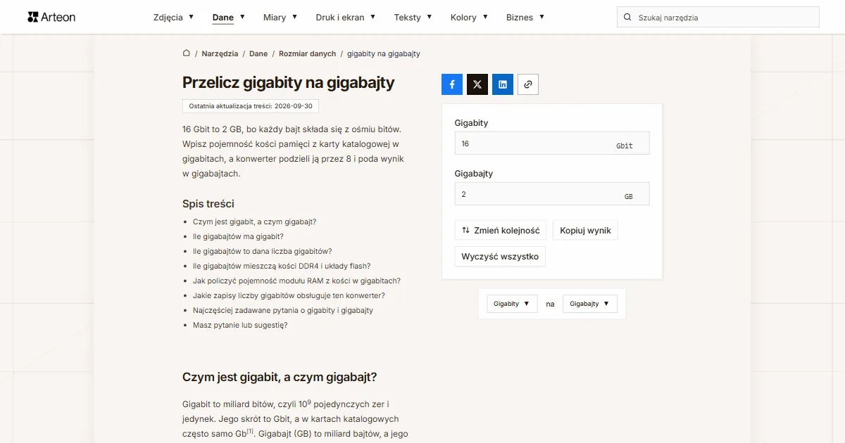 Zrzut ekranu darmowego narzędzia Arteon: Przelicz gigabity na gigabajty