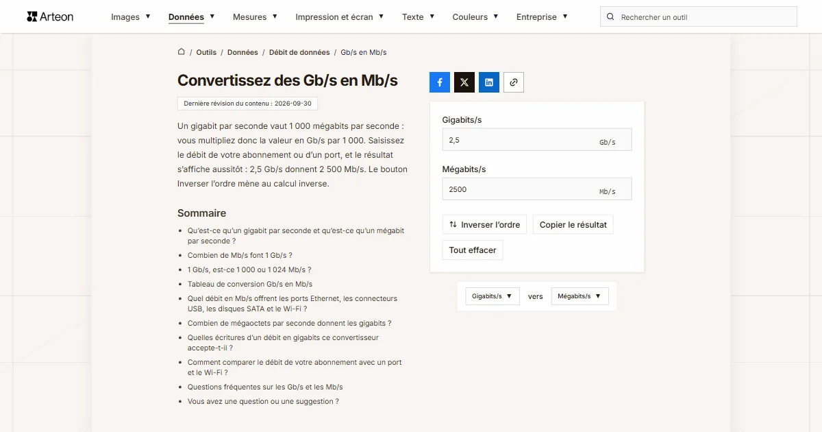 Capture d'écran de l'outil gratuit d'Arteon: Convertissez des Gb/s en Mb/s
