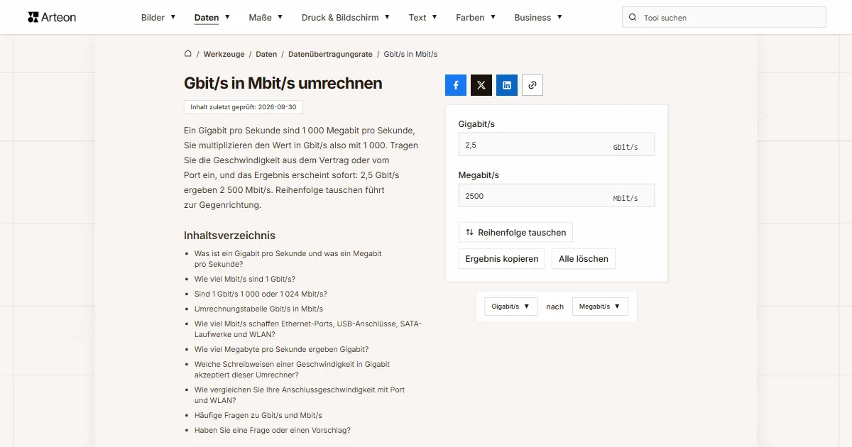 Screenshot des kostenlosen Arteon-Werkzeugs: Gbit/s in Mbit/s umrechnen