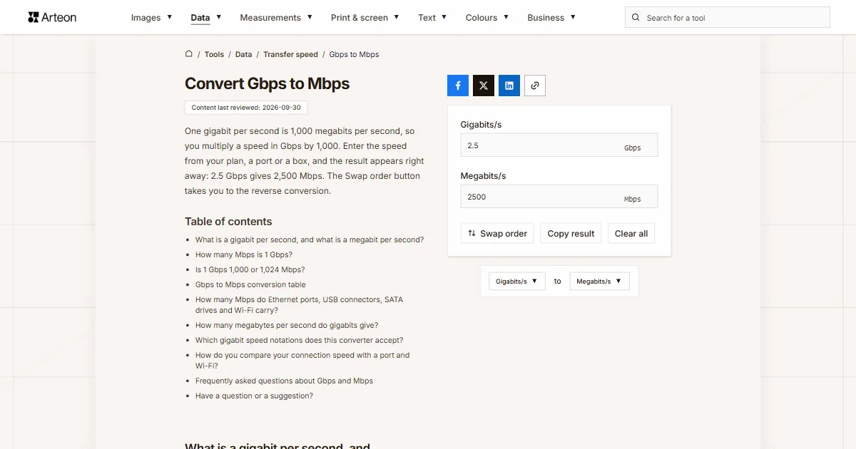 Arteon free tool screenshot: Convert Gbps to Mbps