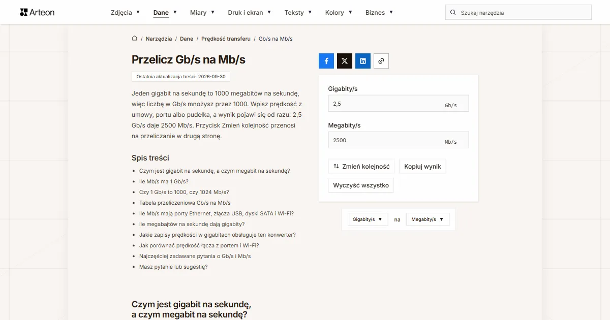 Zrzut ekranu darmowego narzędzia Arteon: Przelicz Gb/s na Mb/s