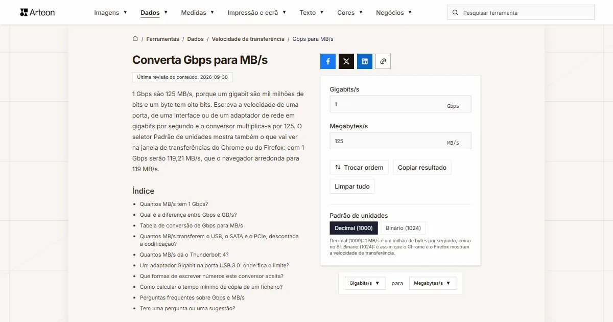 Gbps para MB/s