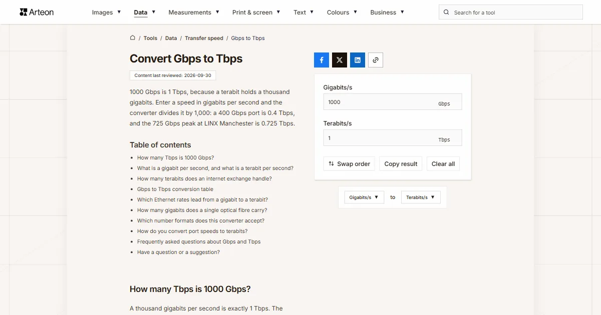 Arteon free tool screenshot: Convert Gbps to Tbps