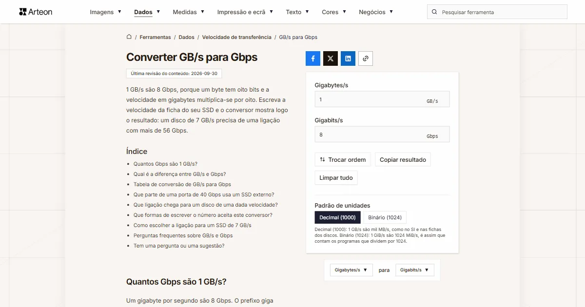 GB/s para Gbps