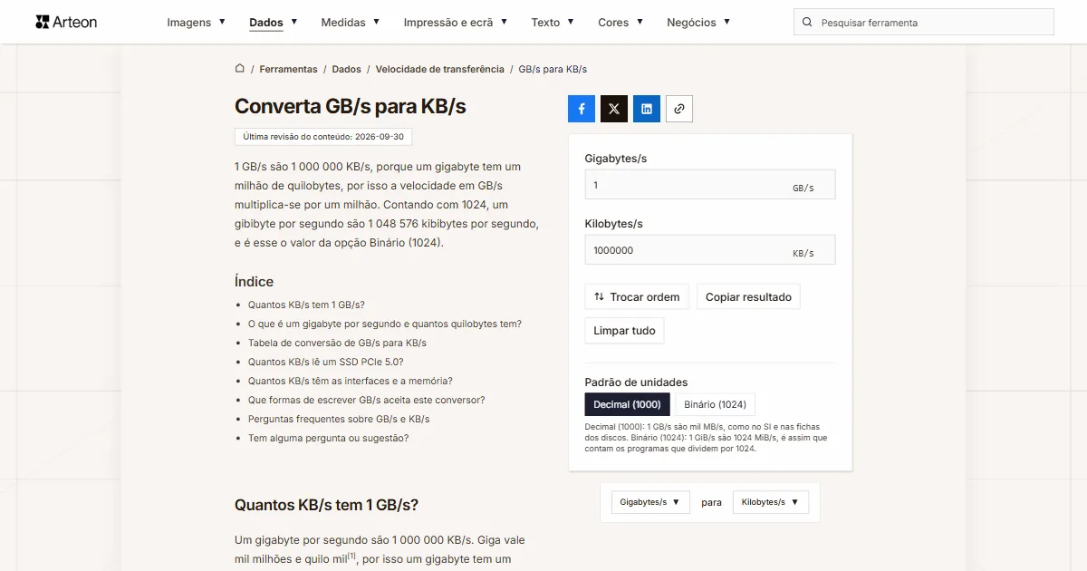 GB/s para KB/s