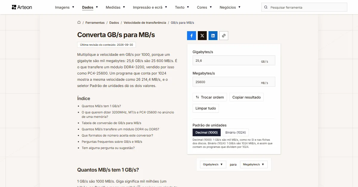 GB/s para MB/s