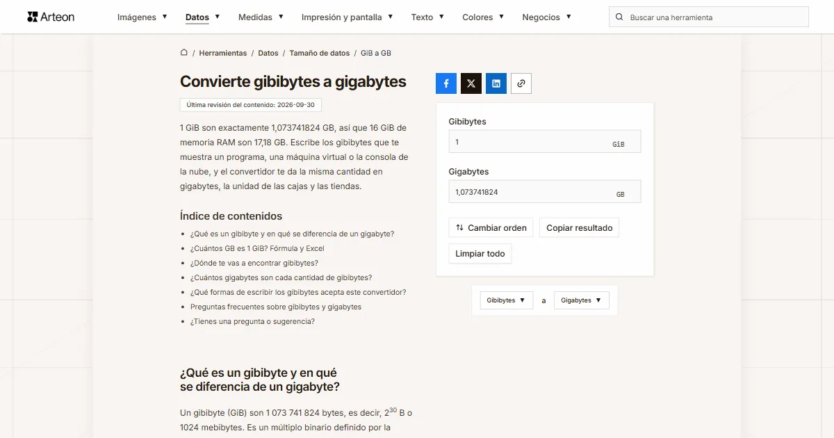 Captura de pantalla de la herramienta gratuita de Arteon: Convierte gibibytes a gigabytes