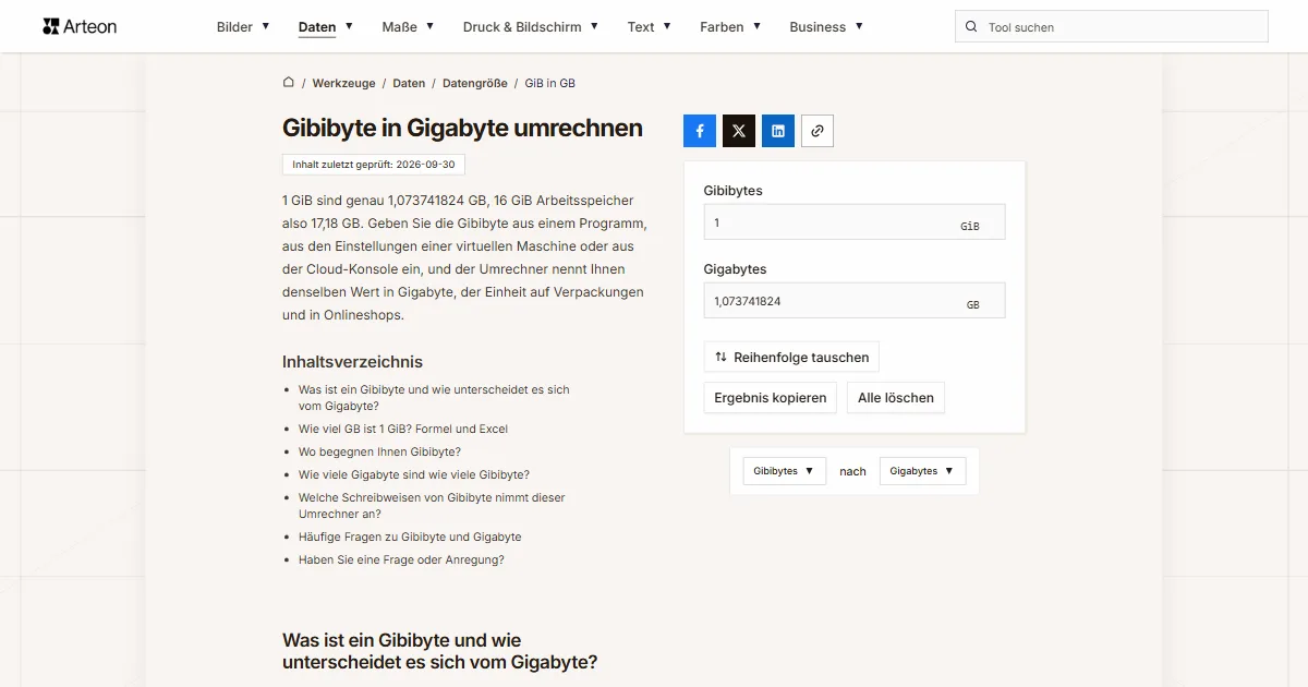 Screenshot des kostenlosen Arteon-Werkzeugs: Gibibyte in Gigabyte umrechnen