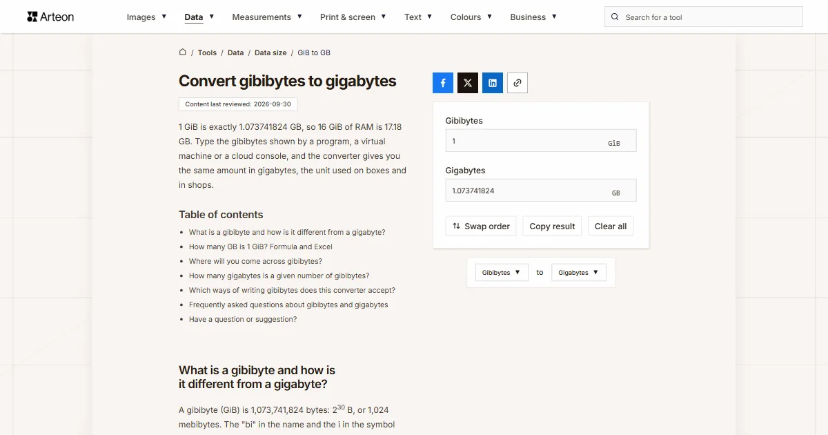 Arteon free tool screenshot: Convert gibibytes to gigabytes