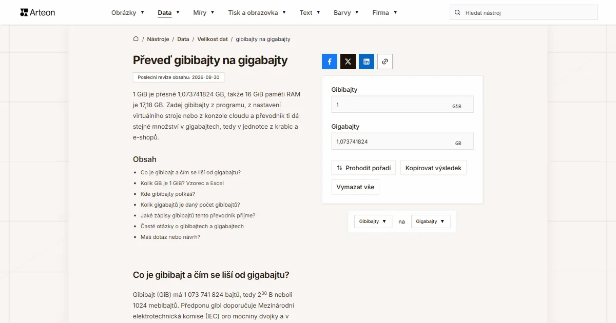 Snímek obrazovky bezplatného nástroje Arteon: Převeď gibibajty na gigabajty