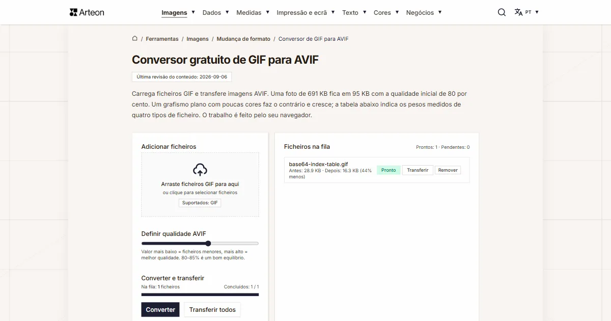 Captura de ecrã da ferramenta gratuita da Arteon: Conversor gratuito de GIF para AVIF