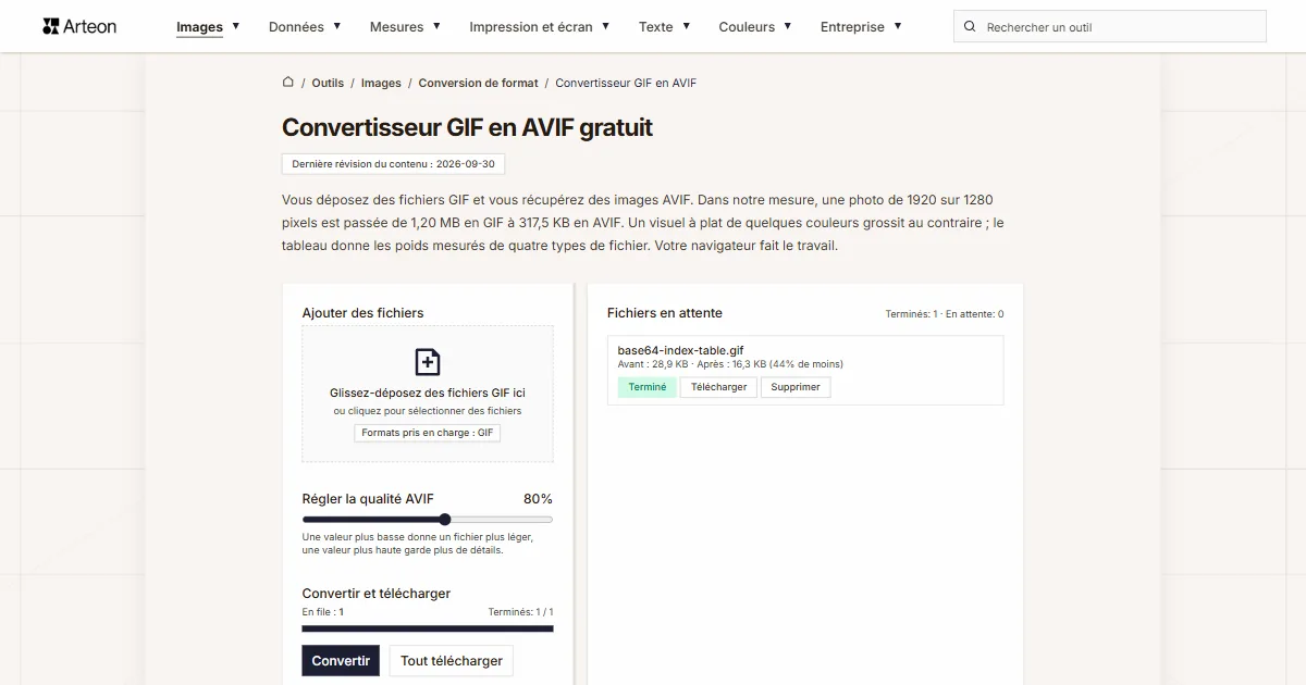 Capture d'écran de l'outil gratuit d'Arteon: Convertisseur GIF en AVIF gratuit