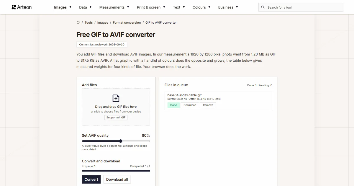 Arteon free tool screenshot: Free GIF to AVIF converter