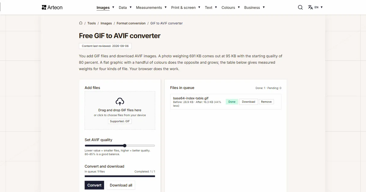 Arteon free tool screenshot: Free GIF to AVIF converter